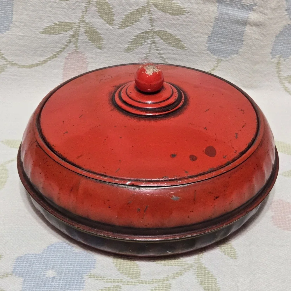 Red Round Vintage Sewing Metal Tin Knob Lidded Box Midcentury Notions Storage